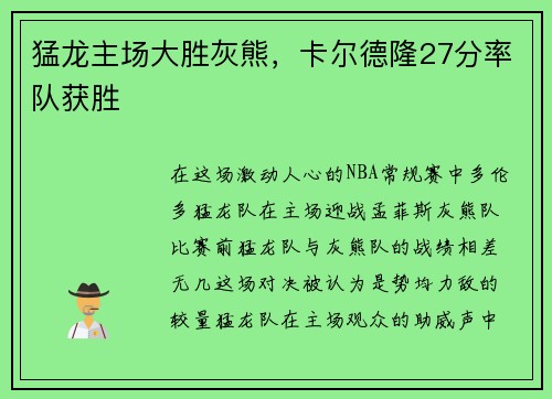 猛龙主场大胜灰熊，卡尔德隆27分率队获胜